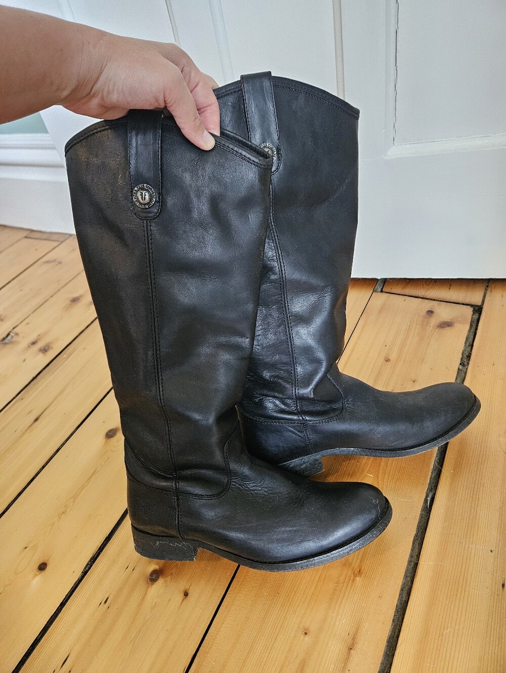 Frye Melissa Button Tall Black Leather Pull-On Boots with Button Tab